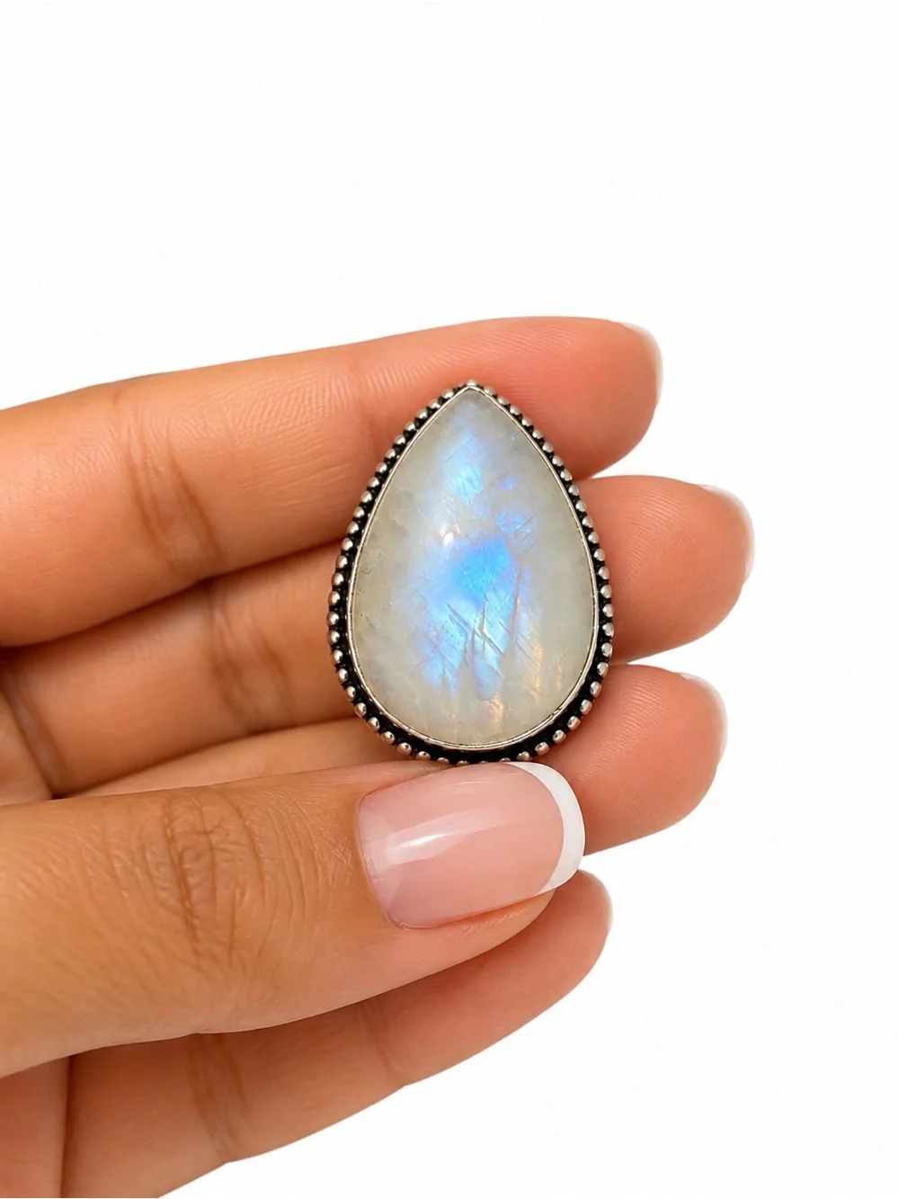 Moonstone Teardrop Statement Ring - Iridescent Blue White